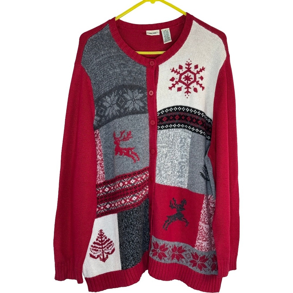 Cherokee Women's Christmas Snowflake Reindeer Patchwork Cardigan‎ Sweater 2X